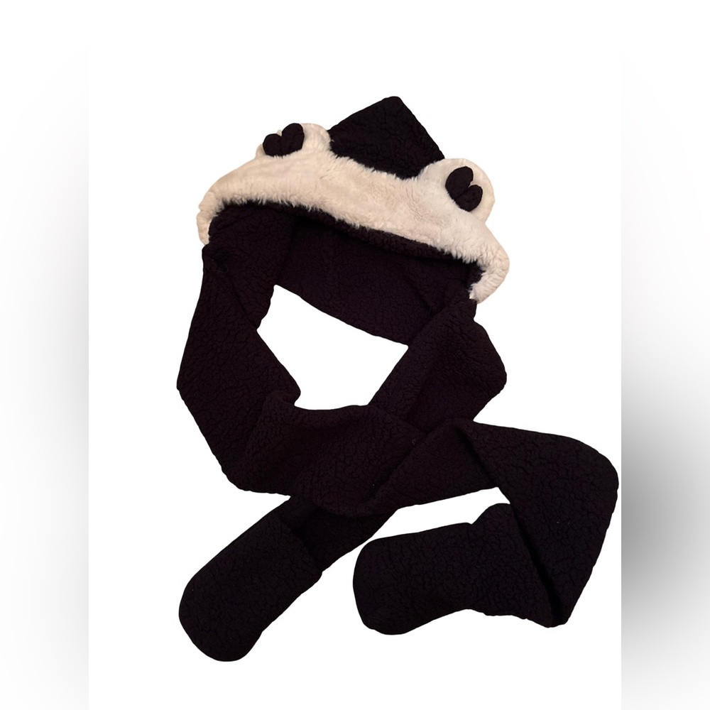 Thick Warm Long Hooded Scarf with Mittens (Bear-Black) One size